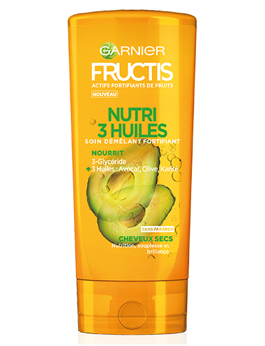 Garnier - Fructis - Après-shampoing Nutri 3 Huiles- Cheveux secs- soin du cheveu - Brillance - Réparation - Avocat - Karité - Olive - sans paraben - concentré d'actifs de fruits